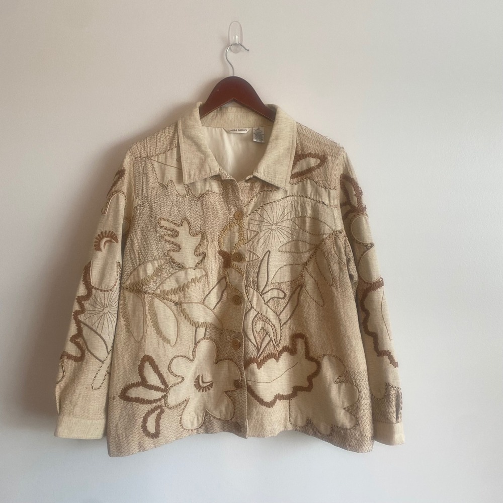 Laura Ashley Silk Cotton Blend Tan Neutral Floral Embroidery Jacket‎ Size XL